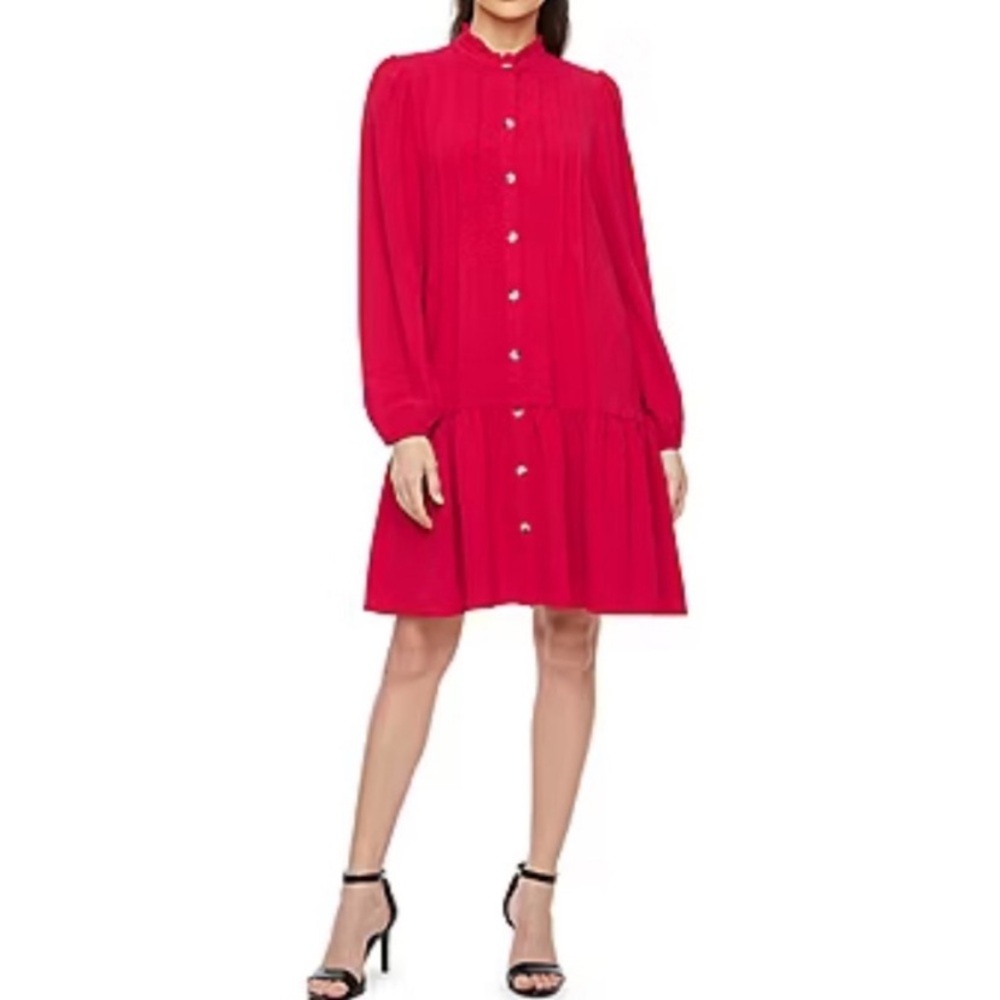 Maia Red Long Sleeve Button Front Boho Ruffle Neck Babydoll Dress Size 12